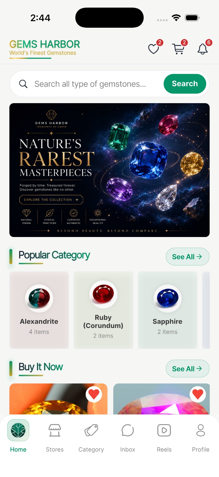 Gems Harbor mobile app home screen with gemstones and categories